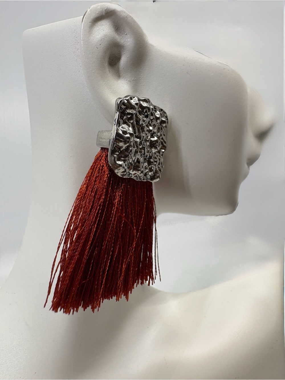 Silver Textured Tassel Earrings in Rust Red